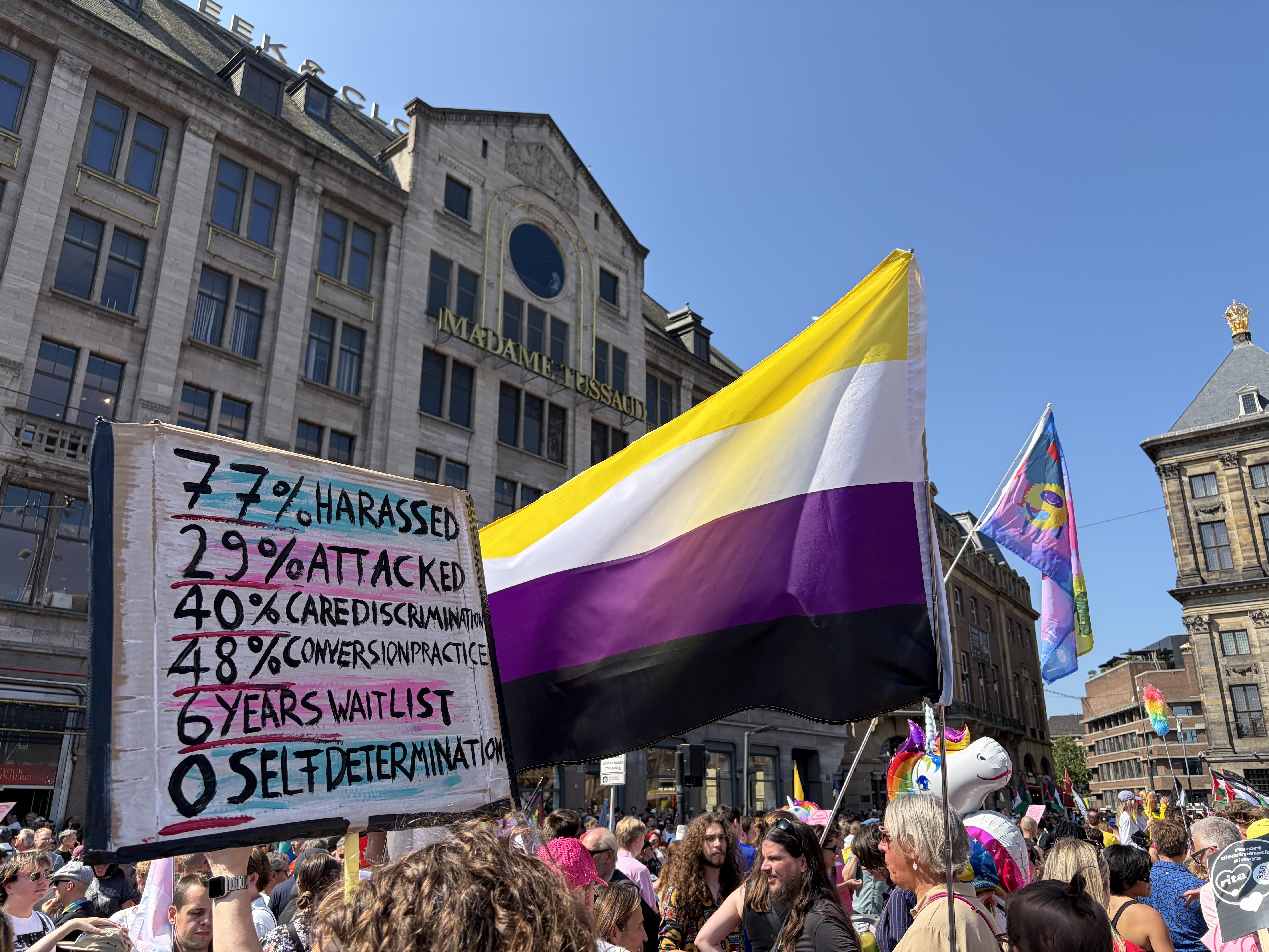 signs and flags in Dams Square Amsterdam