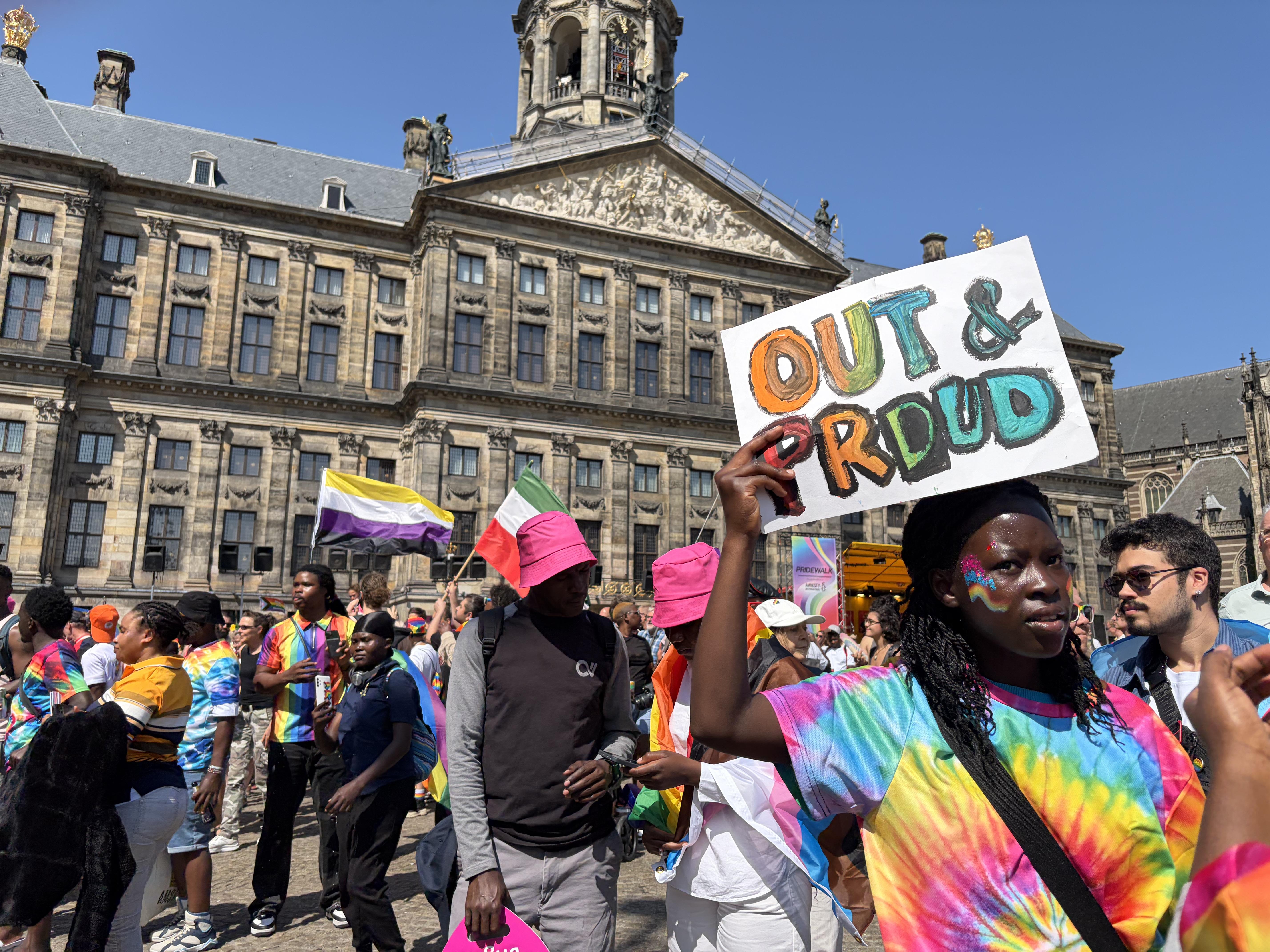 Out and Proud sign in Dams Square Amsterdam