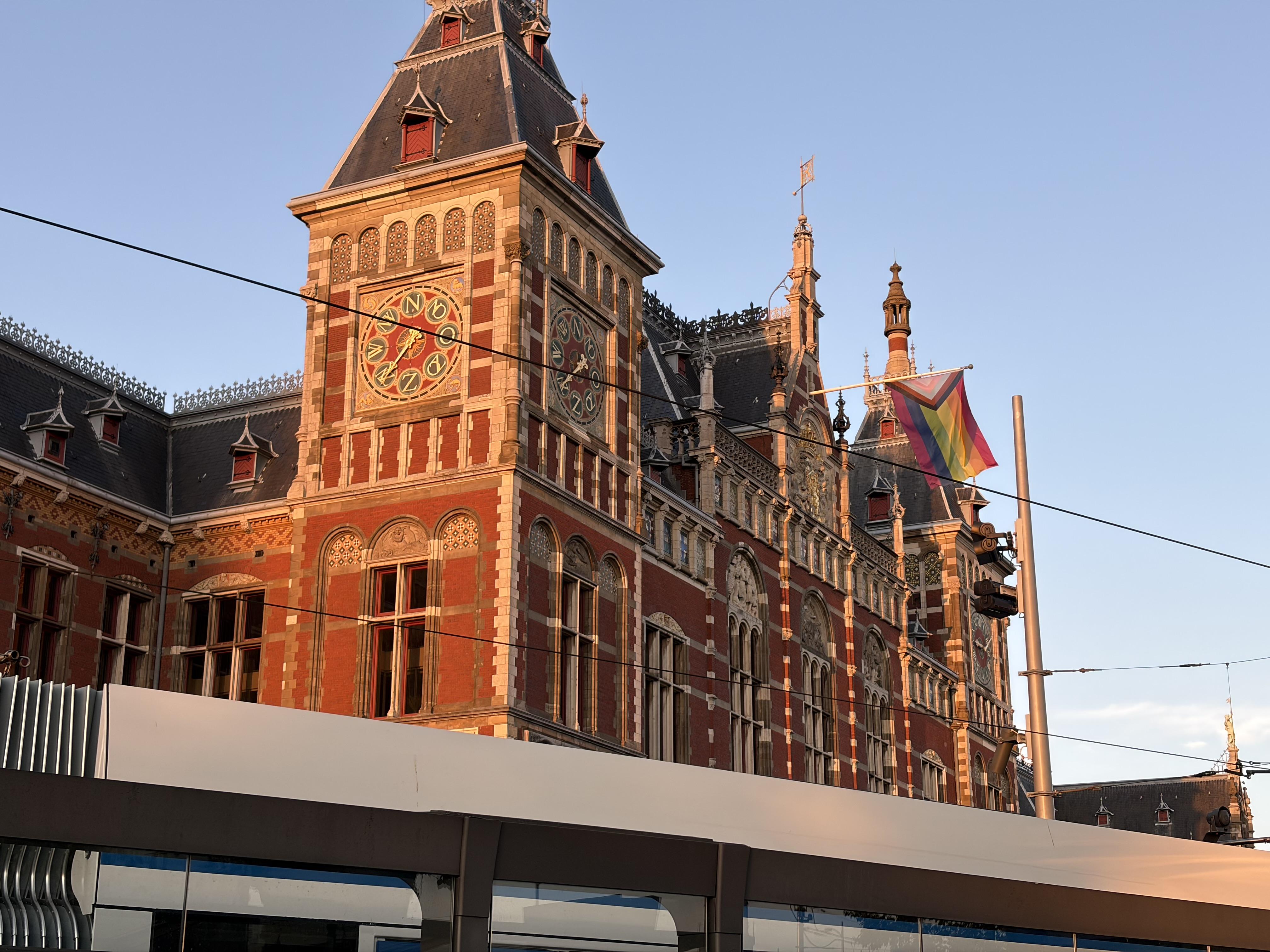 Amsterdam Central waving a big trans pride flag